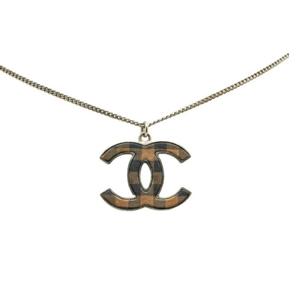 CHANEL CC Logo Checkered plaid Necklace 24" Silver Tone B11C Auth #3463 - Picture 1 of 3